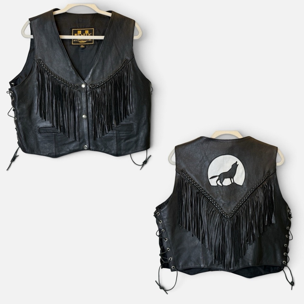 UNIK International Black Leather Motorcycle Vest Frings Lace Up Womens XL Coyote